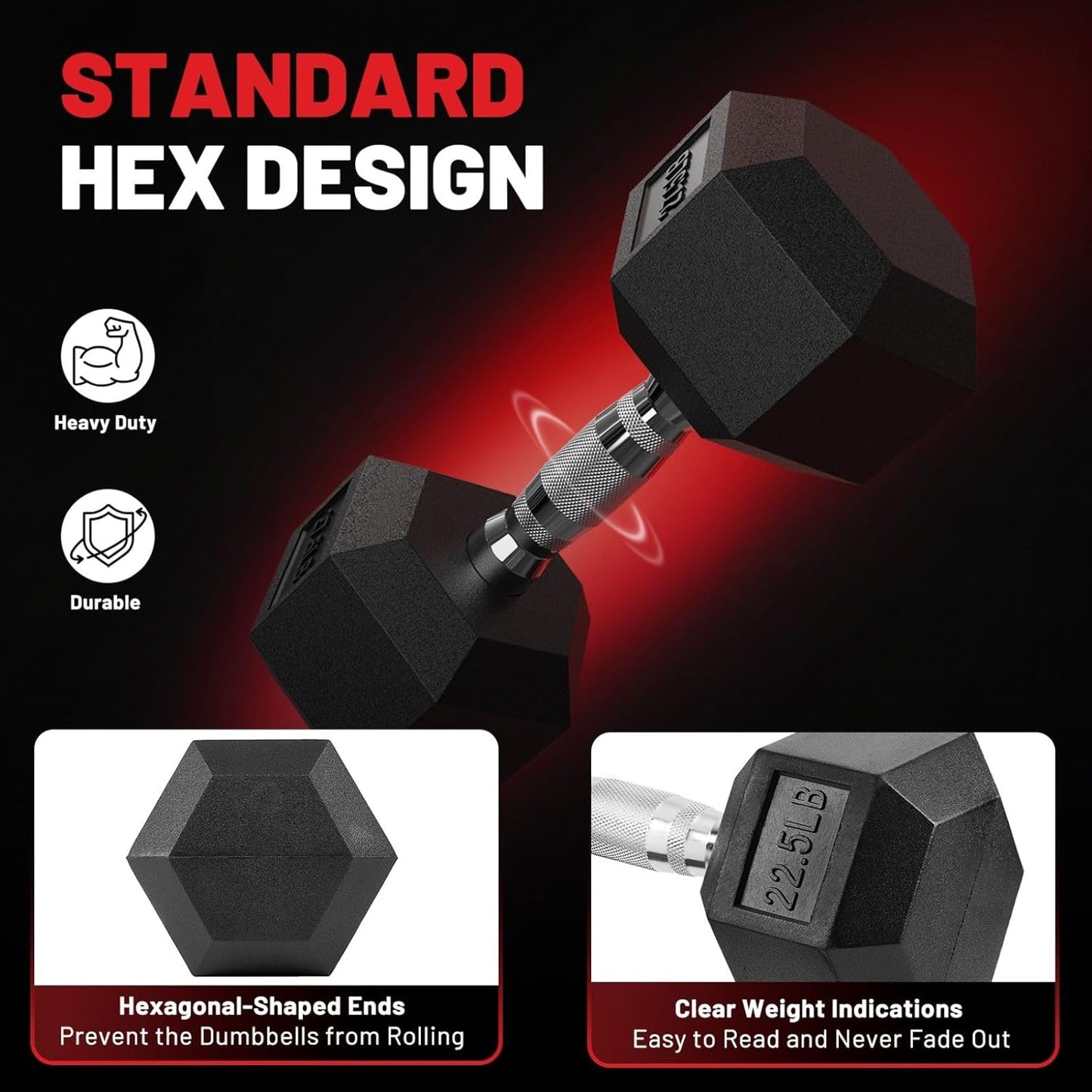 HEX Dumbbell Set, Rubber Encased Home Gym Dumbbells, Exercise & Fitness Weights Dumbbells for Women & Men, Hand Weight for Strength Training