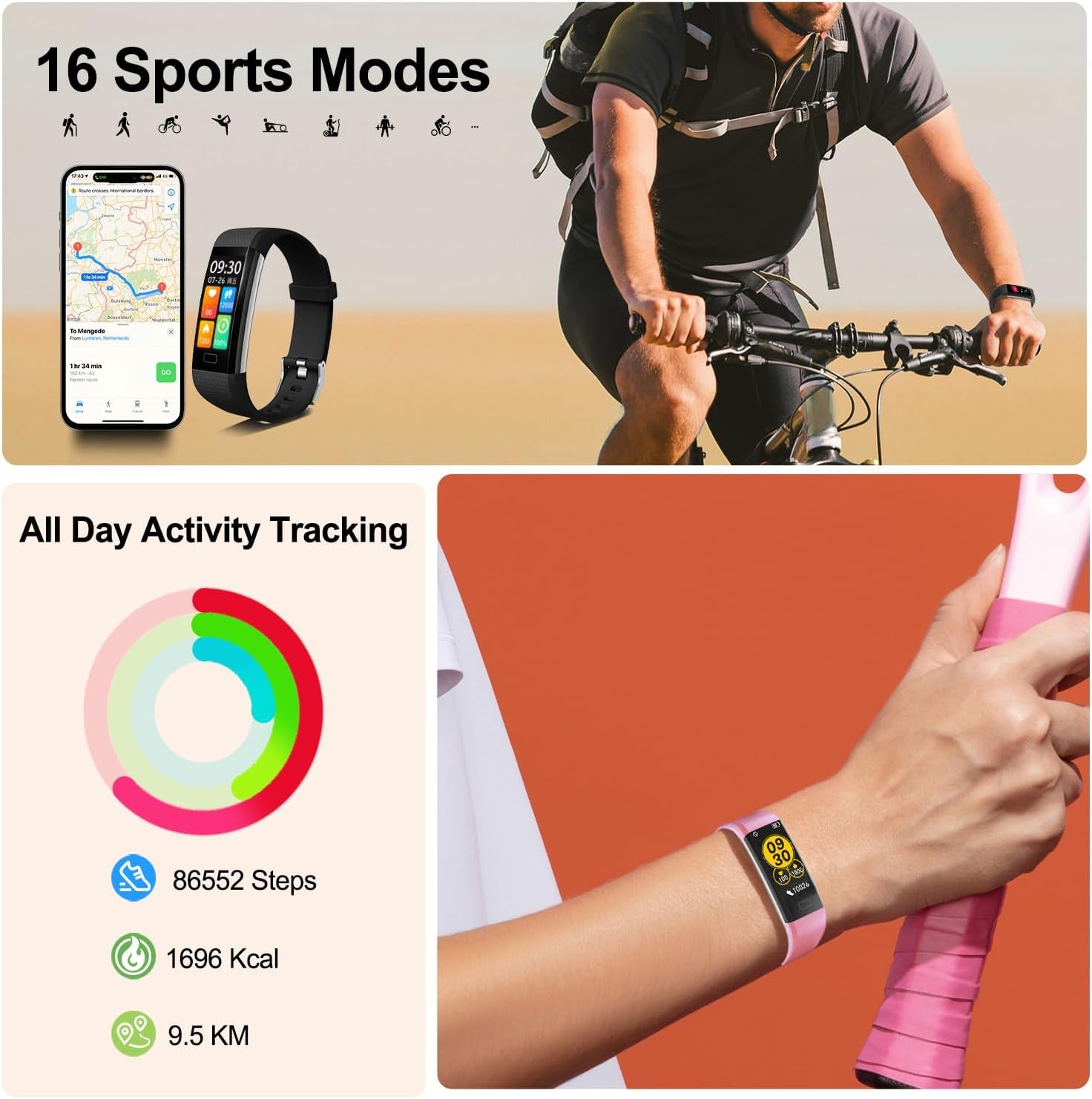 Fitness Tracker with Step Counter/Calories/Stopwatch, Activity Tracker with Heart Rate Monitor, IP68, Health Tracker with Sleep Tracker, Smartwatch, Pedometer Watch for Women Men Kids