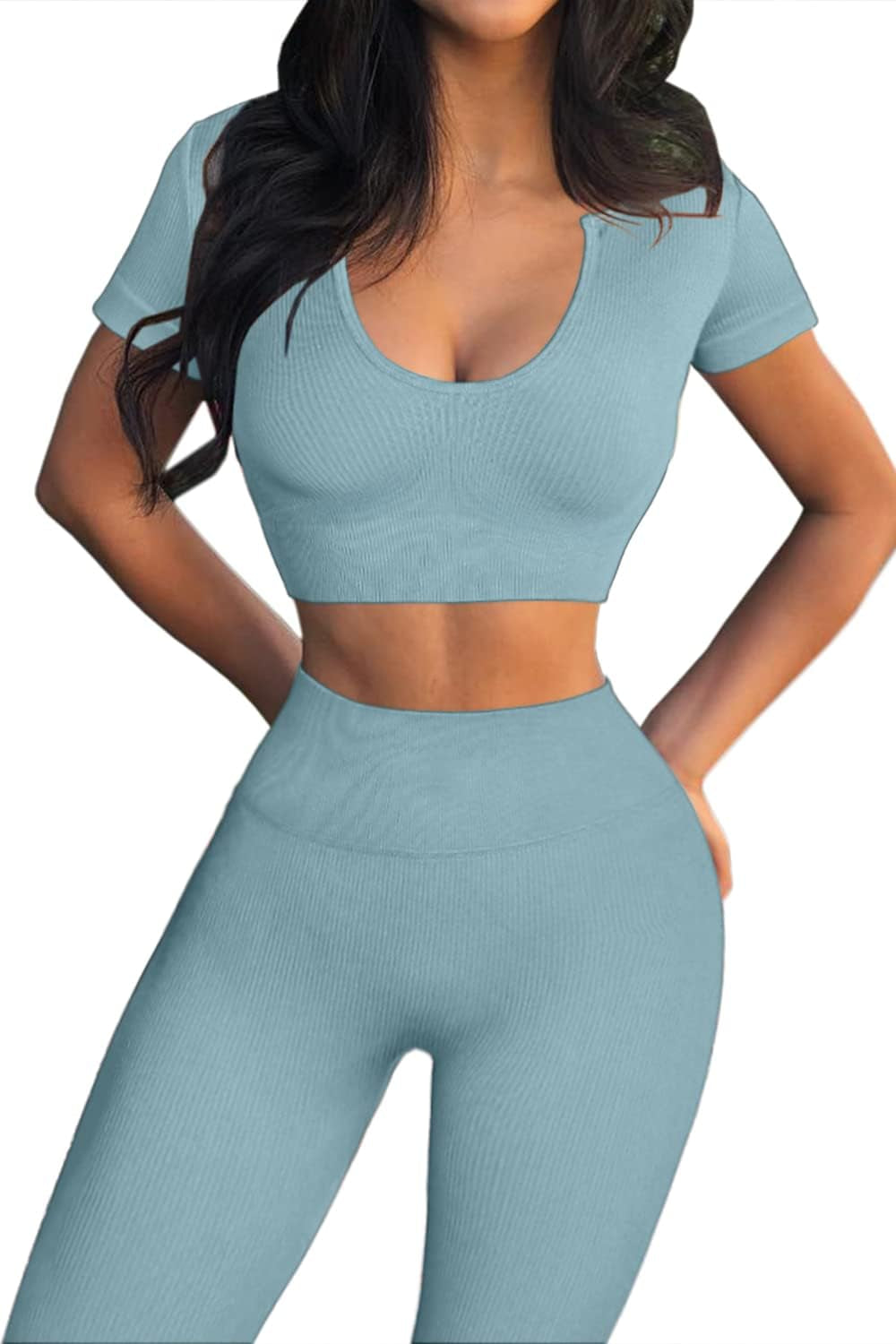 Workout Outfits for Women 2 Piece Ribbed Seamless High Waist Yoga Pants Set Blue L