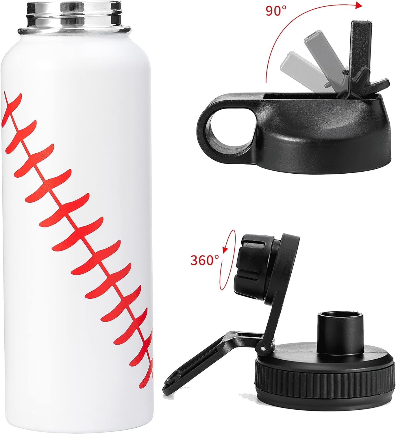 40Oz Insulated Water Bottles Stainless Steel Water Bottles with Straw Sports Water Jug Wide Mouth Water Kettle (BASEBALL, 40Oz)