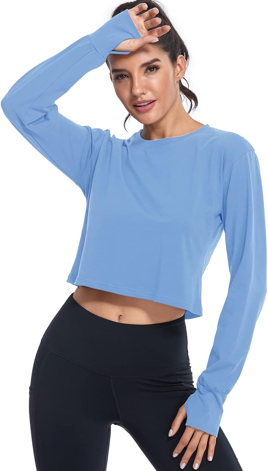 Long Sleeve Crop Top Workout Tops for Women Thumb Hole Tops